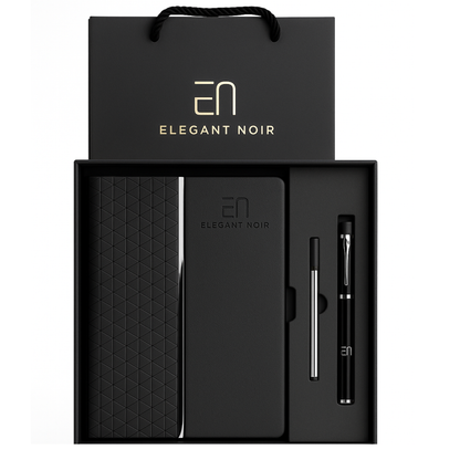 Elegant Noir pen and notebook set with branded packaging on a white background