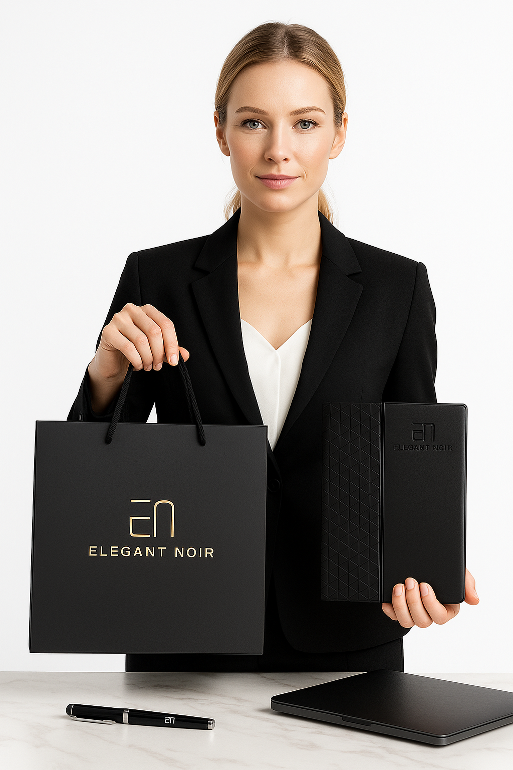 Woman holding a black 'Elegant Noir' Gift bag and a The Notebook and Pen Genesis Gift Set
