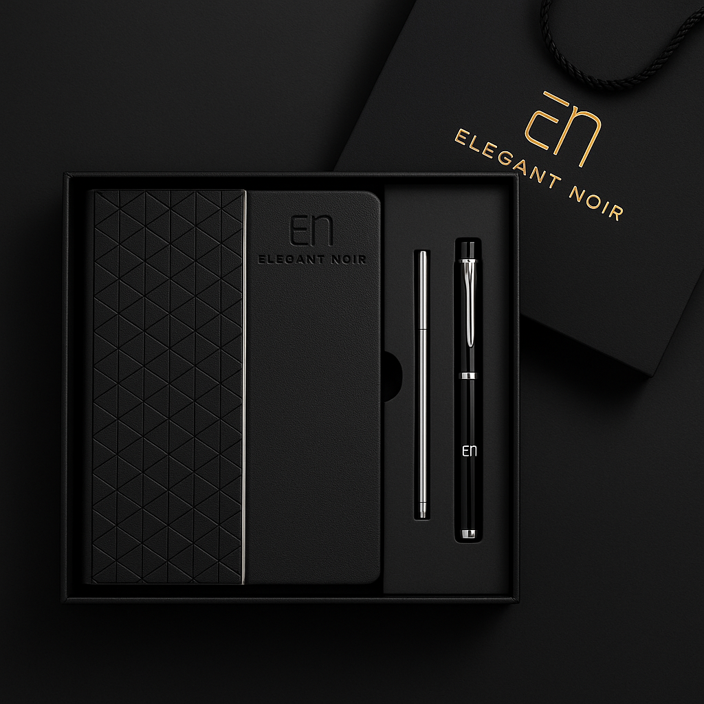 Black notebook and pen set  Gift Set with 'Elegant Noir' branding on a black background