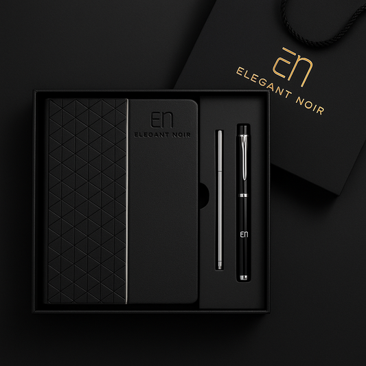 Black notebook and pen set  Gift Set with 'Elegant Noir' branding on a black background