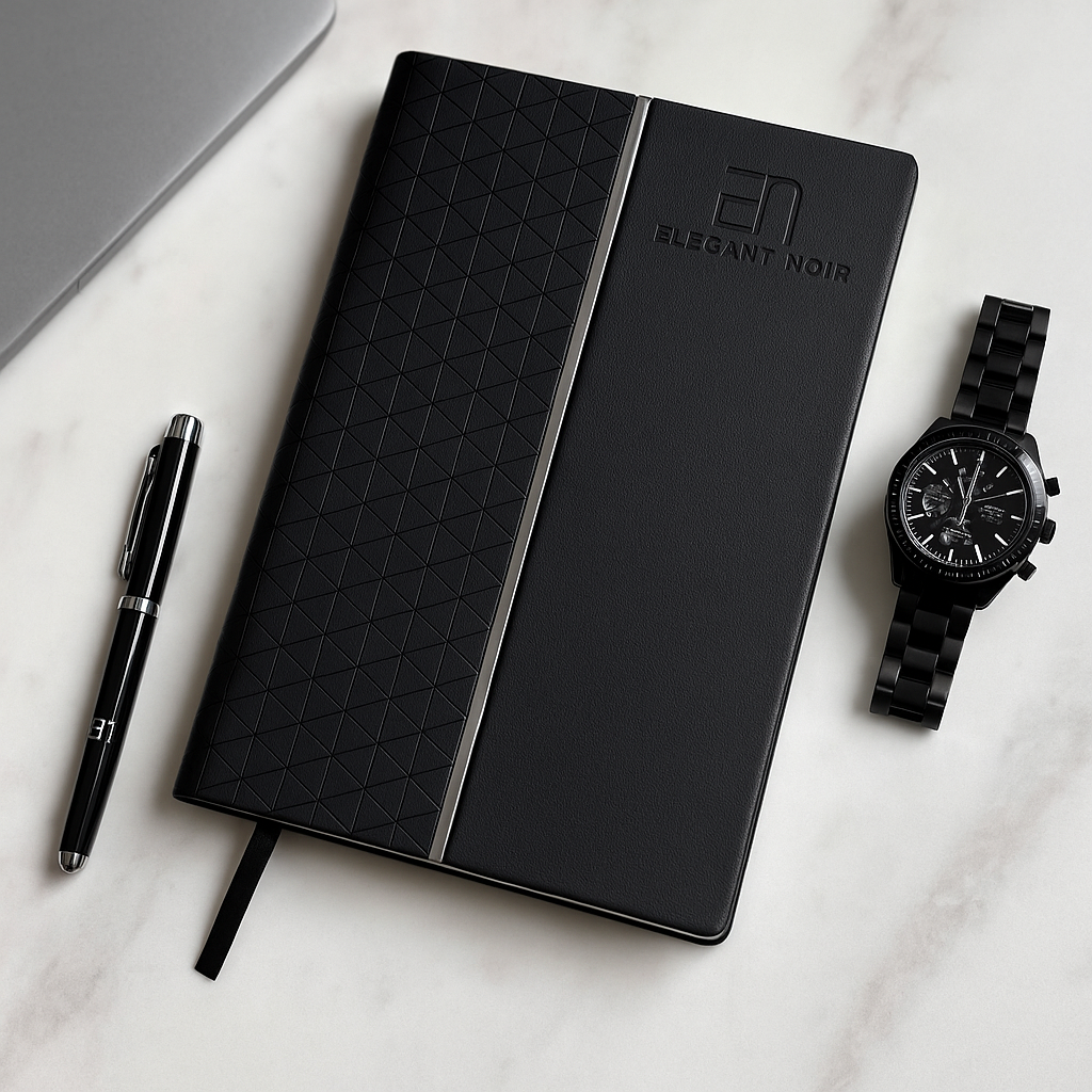 Black notebook with diamond pattern, pen, and watch on a marble surface Elegant Noir Notebook Gift Set