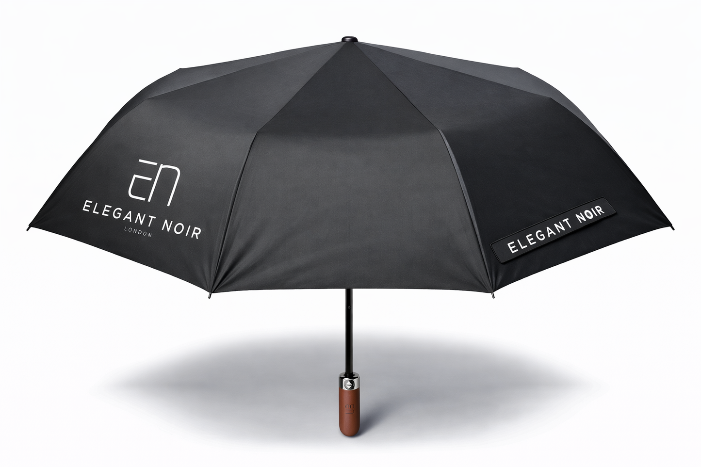 Black umbrella with 'Elegant Noir' branding on a white background windproof umbrella water repelant umbrella 
