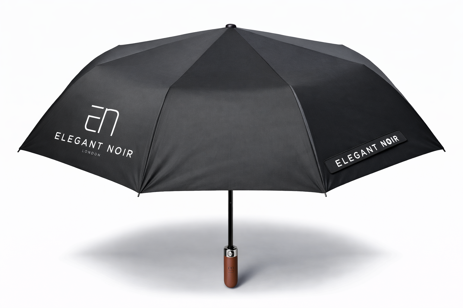 Black umbrella with 'Elegant Noir' branding on a white background windproof umbrella water repelant umbrella 