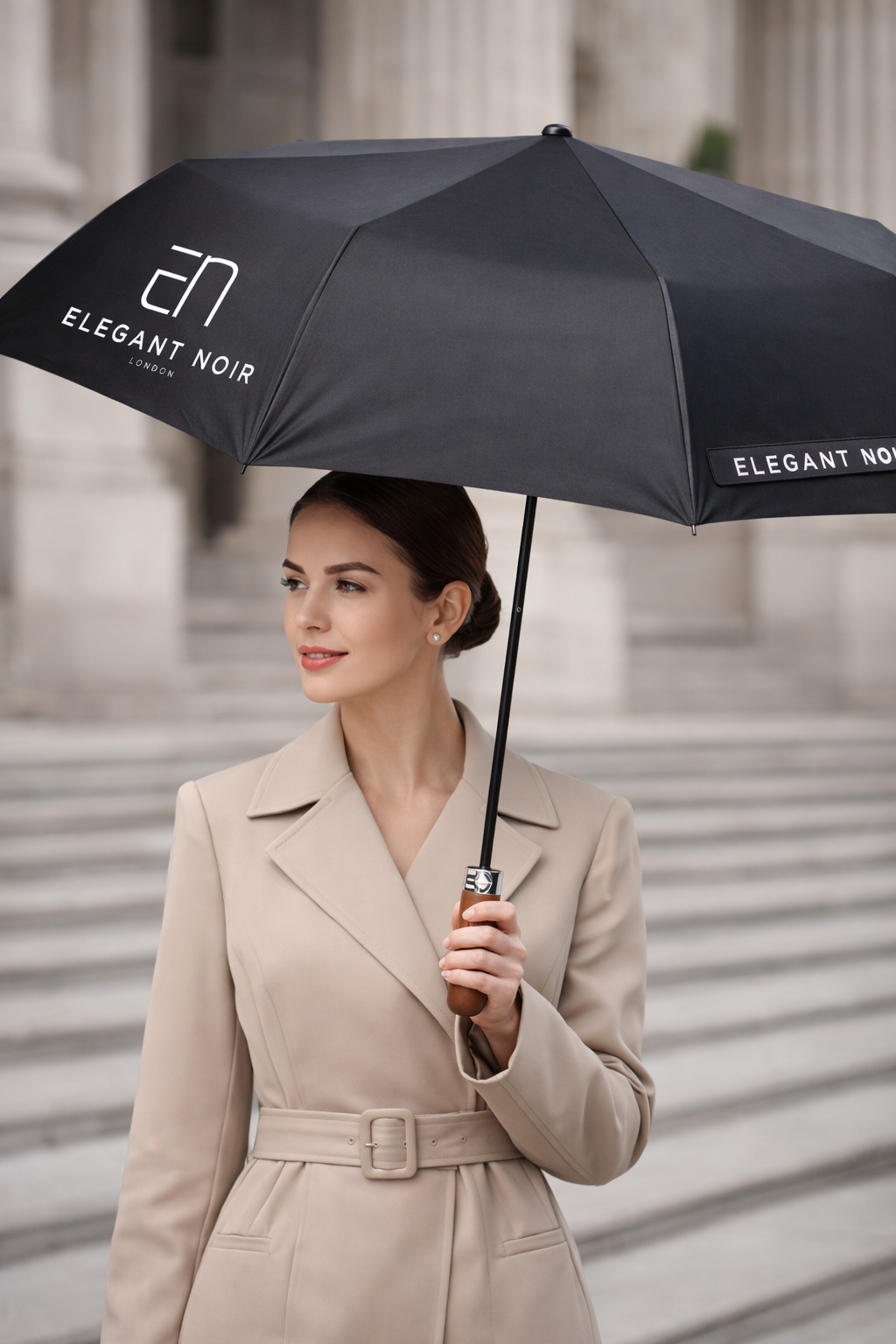 Woman holding a black umbrella with 'Elegant Noir' branding in front of classical architecture.