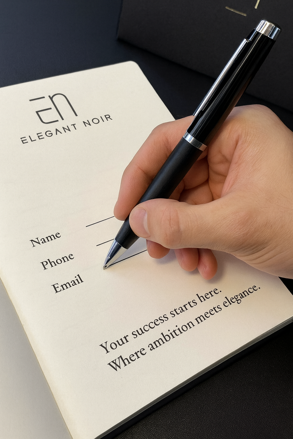 Hand writing on a form with a pen, branded 'Elegant Noir'.